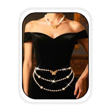 Imagem de COSYDAYS Conjunto de colar e gargantilha de cinto de corrente de pérola, corrente de cintura de borboleta, conjuntos de joias para vestidos, moda e acessórios para mulheres, 2 peças