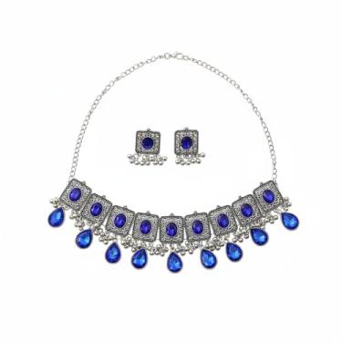 Imagem de Brincos de filigrana com contas quadradas com borla, pingente, strass, gota, corrente geométrica, gargantilha para mulheres, noiva, boho, antigo, indiano, tradicional, étnico, bollywood, conjunto de