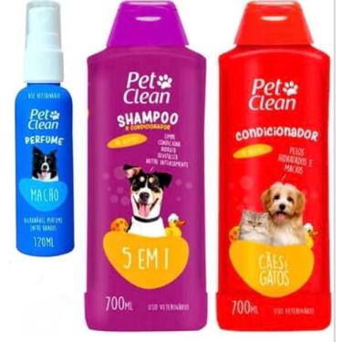 Imagem de Kit Banho Pet Shop Shampoo 5 em 1 700ml + Creme Condicionador 700ml + Perfume Machos 120ml Pet Clean