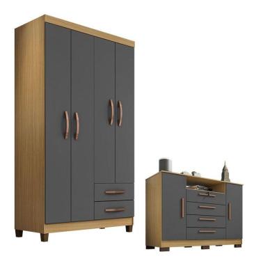 Imagem de Guarda Roupa Solteiro Modena 4 Portas E Cômoda Madri Carvalho Americano Grafite - Incorplac