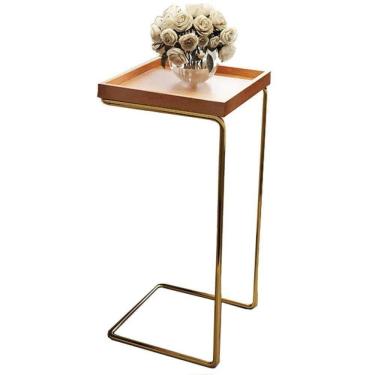 Imagem de Mesa de Apoio p/ Sofá Bandeja Madeira Base Dourada