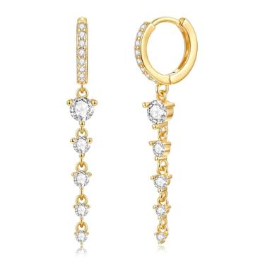 Imagem de ZRU Brincos femininos de argola com pingente de ouro, modernos banhados a ouro 14 quilates com gota de zircônia cúbica longa, hipoalergênicos, brincos redondos de zircônia cúbica, joias penduradas