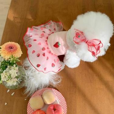 Imagem de Lindo vestido de cachorro pequeno para meninas roupas de cachorrinho rosa morango animal de estimação roupas de verão laço gato princesa conjunto de arreio para festa de aniversário fantasia de