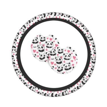 Imagem de Cute Panda Conjunto de 3 peças de decoração de capa de volante com 2 porta-copos, conjunto de interior de carro universal antiderrapante e confortável – serve para volantes de 35 a 38 cm para carros