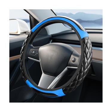 Imagem de FALVFUN Capa de volante de carro, protetor de volante antiderrapante de couro de fibra de carbono elástico de 38 cm, acessórios de proteção interna automotiva, universal para veículos (azul)