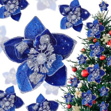Imagem de Norme 15 peças, 3 tamanhos, flores de magnólia com glitter, flores artificiais de poinsétia com hastes, enfeites de árvore de Natal para guirlanda de árvore de Natal, casamento, ano novo, decoração de
