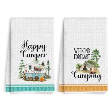 Imagem de XFN 2 peças de toalhas de cozinha de acampamento 61 x 35 cm, decoração de trailer Bonfire Forest Tent Toalhas de mão de trama waffle para cozinha, pano de prato de microfibra absorvente branco toalha