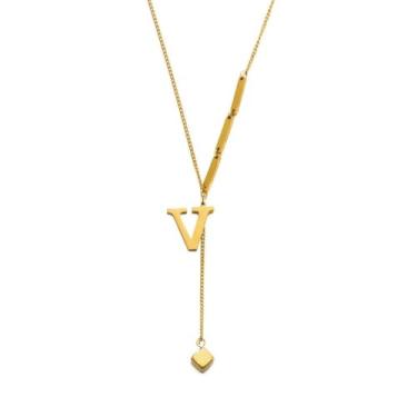 Imagem de Dtja Colar geométrico com inicial Y para mulheres, aço inoxidável dourado, moderno, letra, alfabeto, gargantilha, pingente, corrente, colares exclusivos, aniversários, férias, Natal, joias, 50,8 cm