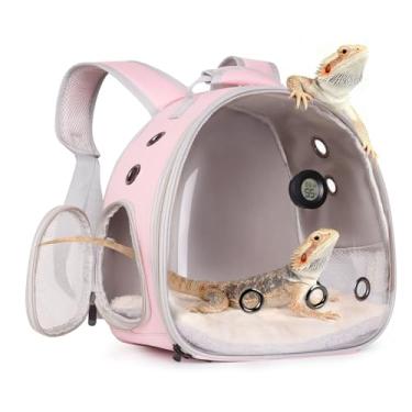 Imagem de Mochila de viagem de dragão barbudo com termômetro de réptil e medidor de umidade lagarto gaiola de viagem cápsula espacial transparente bolha janela astronauta bolsa de transporte de répteis para