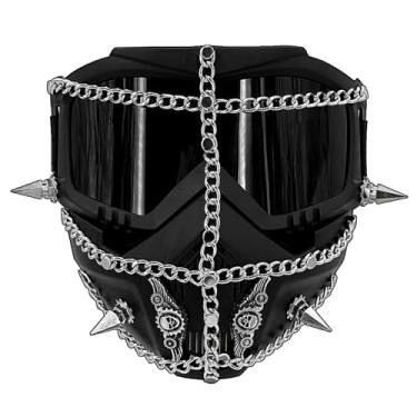 Imagem de paomadeng Men's Steampunk Gothic Chain Full Masquerade Mask Rivet Skull Cosplay Halloween Mask Adjustable (Black)