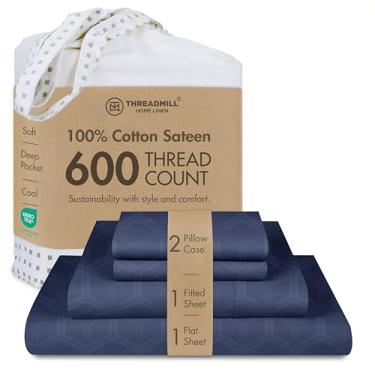Imagem de Threadmill Home Linen 600 fios Jacquard Olivia Damask Queen conjunto de lençóis – 100% algodão ELS para cama Queen Size com bolso profundo, conjunto de 4 peças de luxo com trama de cetim liso azul folkstone