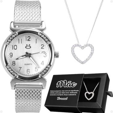 Imagem de Kit Presente para Mãe: Relógio Feminino Prata Analógico + Colar em Aço Inox com Coração + Caixa Especial – Pulseira Silicone