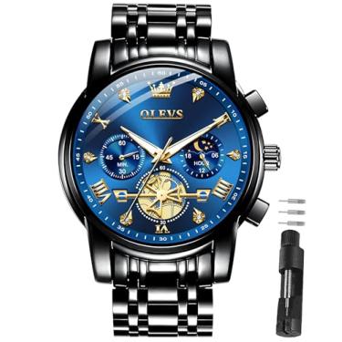 Imagem de OLEVS Relógios masculinos de luxo de aço inoxidável, relógio social fácil de ler, mostrador grande, cronógrafo, casual, analógico, números romanos, reloj para hombre, Pulseira preta, face azul - 2856