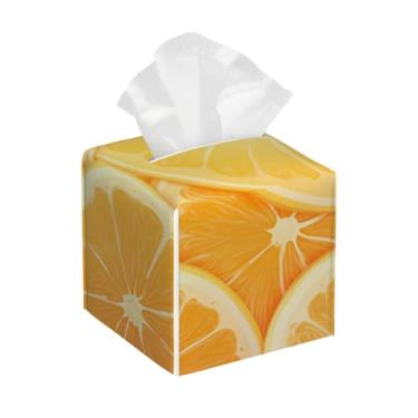 Imagem de Caixa de lenços de couro quadrada à prova d'água amarelo limão laranja realismo organizador de papel facial com cinto inferior cubo estojo de lenços para mesa, banheiro, escritório, mesa, carro