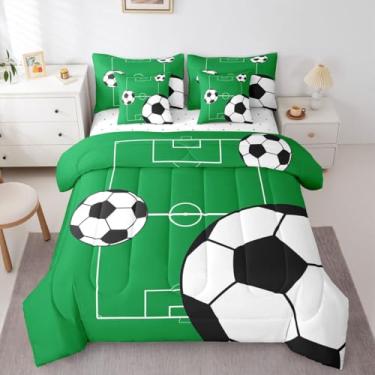 Imagem de Erosebridal Jogo de cama de futebol americano, 7 peças, solteiro, tema esportivo, com lençóis, estampa de bola de futebol, playground, cama, quadra de futebol, verde, branco, para crianças, meninos e