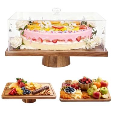 Imagem de Suporte de bolo de madeira de acácia com tampa, suporte retangular de bolo de 43 cm, suporte de exibição de sobremesa 2 em 1 e grande tábua de charcutaria, suporte de cupcake para festa de casamento