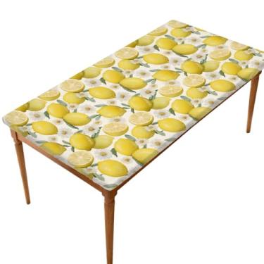 Imagem de Toalha de mesa retangular com borda elástica para 1,5 m, toalha de mesa de piquenique primavera verão flor de limão à prova de vento à prova d'água lavável para jantar, acampamento, festa ao ar livre