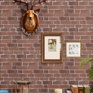 Imagem de TANONE Papel de parede de tijolo vermelho descasque e cole papel de contato espesso 44,5 cm x 300 cm papel de parede autoadesivo removível de tijolo à prova d'água para embrulhar lareira parede Natal