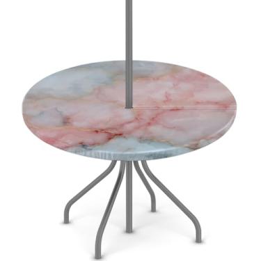 Imagem de Toalha de mesa para uso ao ar livre com orifício para guarda-chuva, toalha de mesa redonda de mármore rosa com zíper oculto, capa de mesa de piquenique elástica primavera verão capa de mesa de