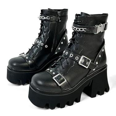 Imagem de MEOTINA Botas de plataforma góticas com fivela de renda, botas góticas para cosplay, botas de salto alto e cano baixo, sapatos punk com zíper, Preto gótico, 34