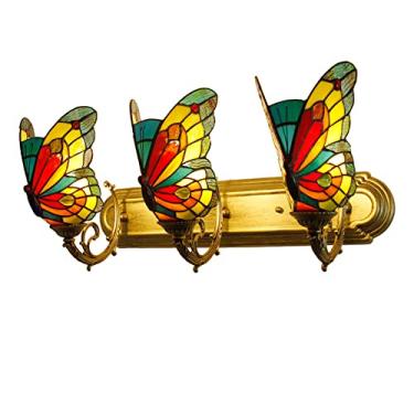 Imagem de Luminária de banheiro estilo Tiffany com 3 braços, em formato de borboleta, com vitral, estilo retrô europeu, para espelho frontal, ideal para banheiro, maquiagem e corredor, 61 cm x 30 cm,