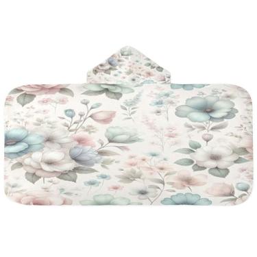 Imagem de Burbuja Toalha de banho com capuz de flores em aquarela para crianças, toalha de praia de pelúcia macia absorvente para chá de meninas e meninos 3-10 anos, 61 x 127 cm