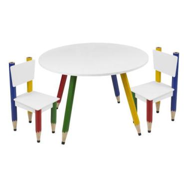 Imagem de Kit 2 Cadeiras e Mesa Infantil Lápis Coloridos Redonda Tampo Branco Pé