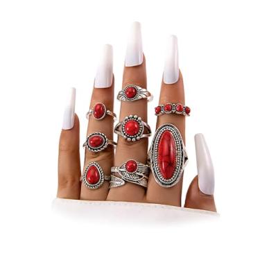 Imagem de Conjunto de anéis vintage de caubói ocidental, boêmio, vermelho, turquesa, country, conjunto de anéis para mulheres, acessórios de concerto em camadas grossas, Liga de aço, Sem pedra preciosa