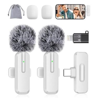 Imagem de Mini microfone sem fio para iPhone, microfone bluetooth lavanda 2 em 1 para gravação de vídeo, pacote com 2 microfones de lapela com redução de ruído para Android, mini microfone de clipe para Tiktok
