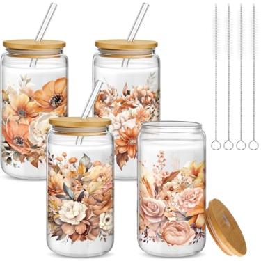 Imagem de Mumufy Presente para mulheres copo de vidro fofo copo flor gelado canecas de café 473 ml vidro com tampa de bambu e canudo, presente de aniversário de dia das mães para mãe irmã dama de honra chá de