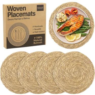 Imagem de Elcoho 4 peças de jogo americano de tecido redondo de 30,5 cm Boho Rattan Placemats de fazenda trançados, carregadores, tapetes de mesa de vime rústicos para mesa de jantar