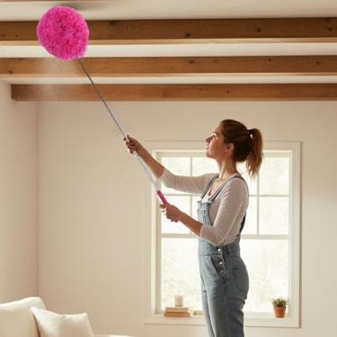 Imagem de Espanador de penas extensível removedor de poeira telescópico para móveis de carro de escritório doméstico ferramenta multiuso de limpeza de teto alto (vermelho rosa, cabeça redonda)