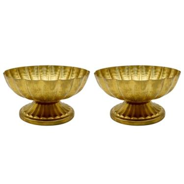 Imagem de QUTUNI 2 peças de vasos dourados para centros de mesa, vasos de compota vintage para centros de mesa de casamento, pequeno vaso de urna com pedestal de metal dourado para festa, evento, decoração de