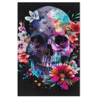 Imagem de Quebra-cabeça de caveira com flores, 500 peças para adultos, pintura animal, família, quebra-cabeça, presentes para jogo de elefante branco
