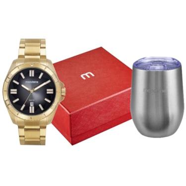 Imagem de Mondaine Kit Relógio Masculino Clássico Dourado Com Copo Térmico