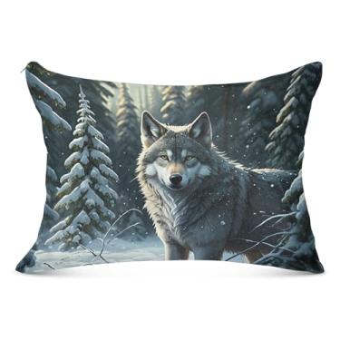 Imagem de Cool Winter Wolf Animal Capas de travesseiro decorativas flanela padrão queen king tamanho do corpo travesseiro linda capa de travesseiro de cama, tamanho king, 50,8 cm x 101,6 cm