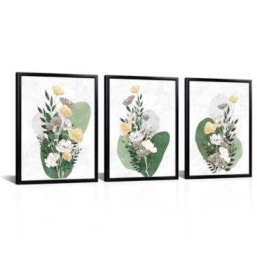 Imagem de Kalormore Conjunto de arte de parede botânica moderna, impressões em tela emolduradas de 3 peças com flores amarelas e brancas, fundo de aquarela verde, moldura preta, coleção de decoração de casa 30