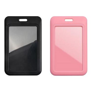 Imagem de Lanyardio Pacote com 2 porta-crachás de identificação, porta-cartões de identificação preto e rosa, porta-cartões de plástico deslizante vertical para escritório, escola, fábrica, professores e