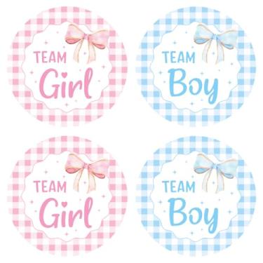 Imagem de 100 adesivos de revelação de gênero de time menino ou menina, adesivos de chá de bebê com laço xadrez rosa e azul de 5 cm, etiquetas redondas decorativas autoadesivas para artigos de jogos de festa