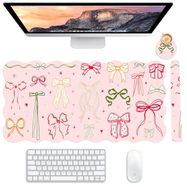 Imagem de Tapete de mesa feminino com laço de 80 x 39,9 cm, antiderrapante, de couro sintético, com porta-copos e alça de armazenamento, decoração estética para trabalho, jogos, casa, escritório