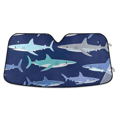 Imagem de Toldo de sol azul escuro de tubarões de desenho personalizado para para-brisa de carro bonito dobrável pára-brisa automotivo guarda-sol animal floral M, 139,7 cm x 70,1 cm
