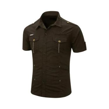 Imagem de Camisa Safari Masculina 100% Algodão De Manga Curta Casual Tática Carg