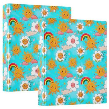 Imagem de Fichários de três anéis personalizados flores alegres céu azul sol 1,5 polegadas segurar 200 folhas pastas de caderno impressão anel redondo fichário de escritório, 31,5 x 27 x 6 cm, 1 pacote