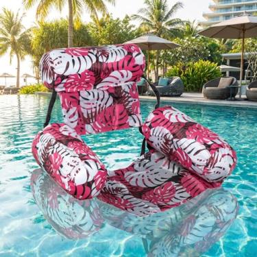 Imagem de Cadeira Flutuante Inflável para Adultos, Tecido Suave + Encosto Ajustável, Ideal para Praia, Lago, Rio e Festas na Piscina, Design de Folhagens Tropicais.