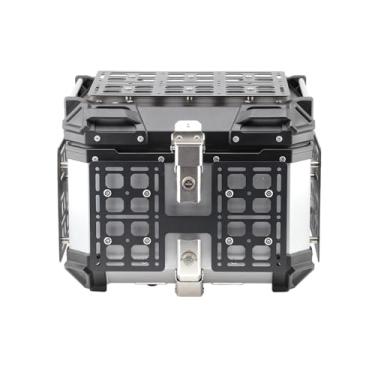 Imagem de Caixa traseira universal de alumínio para motocicleta com forro de couro, proteção de montagem de 45 L, bolsa de viagem à prova d'água com trava, preta e prata