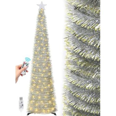 Imagem de SINTENILL Árvore de Natal pop-up de 1,8 m com 100 luzes LED temporizador e controle remoto, árvore de tinsel de Natal dobrável prata, lápis artificial, decoração de Natal para festas em casa