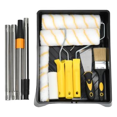 Imagem de Kit de rolo de pintura de 13 peças com haste de extensão, capas de rolo de microfibra de 23 e 10 cm, conjunto de pintura profissional com bandeja, pincel, raspador, poste ajustável de 1,2 m para