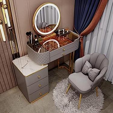 Imagem de Mesa De Maquiagem Com Espelho Iluminado, Penteadeira Moderna, Penteadeira De Quarto Com Luzes LED De Brilho Ajustável, Mesa De Maquiagem Destacável Com Banco Almofadado,Cinza,100 Cm/39,3 Pol.,Cons