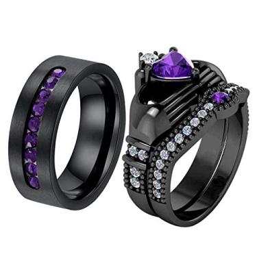 Imagem de ringheart 2 anéis para ele e ela anéis de casal Claddagh anel preto CZ conjuntos de alianças de casamento femininas aço titânio masculino alianças de casamento, women size6 & men size13, Metal Cristal