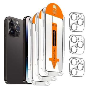 Imagem de Pacote com 3 [kit de alinhamento automático] protetor de tela para iPhone 14 Pro Max de 6,7 polegadas com 3 protetores de câmera [proteção militar 10x] filme HD de vidro temperado, compatível com